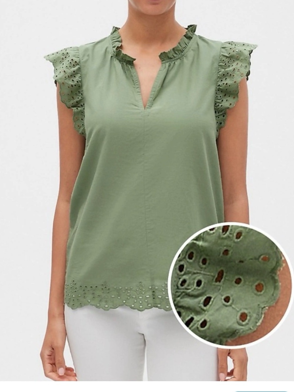 GAP Olive Eyelet Ruffle Sleeve Top